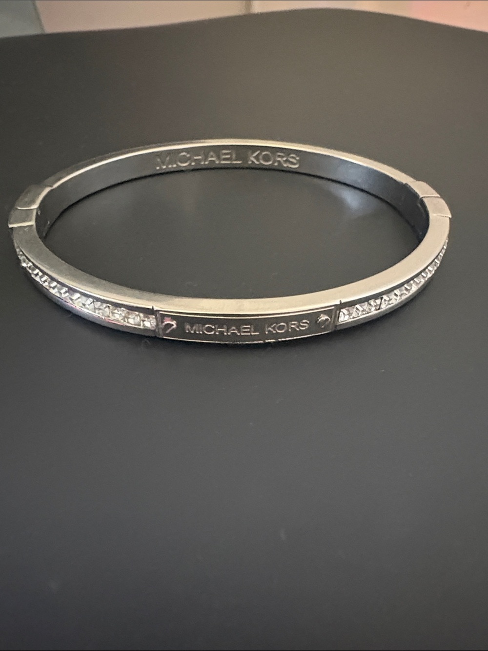 Michael Kors Silver-Tone Crystal Accent Hinged Bangle Bracelet
